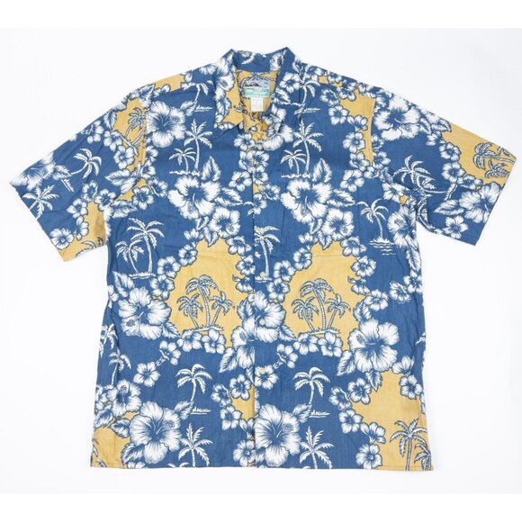 Reyn Spooner Floral Hawaiian Shirt Men's Large Blue Yellow Palm Tree Aloha - Picture 1 of 11